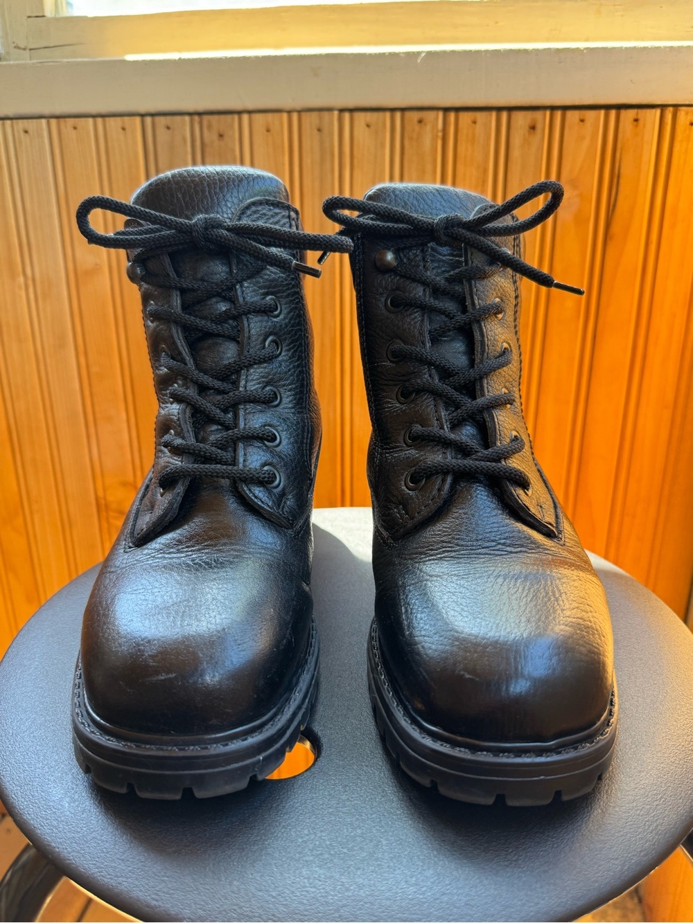 Vintage 90s L.L. Bean Black Leather Lug Sole Combat Boots Lined Women's 7.5